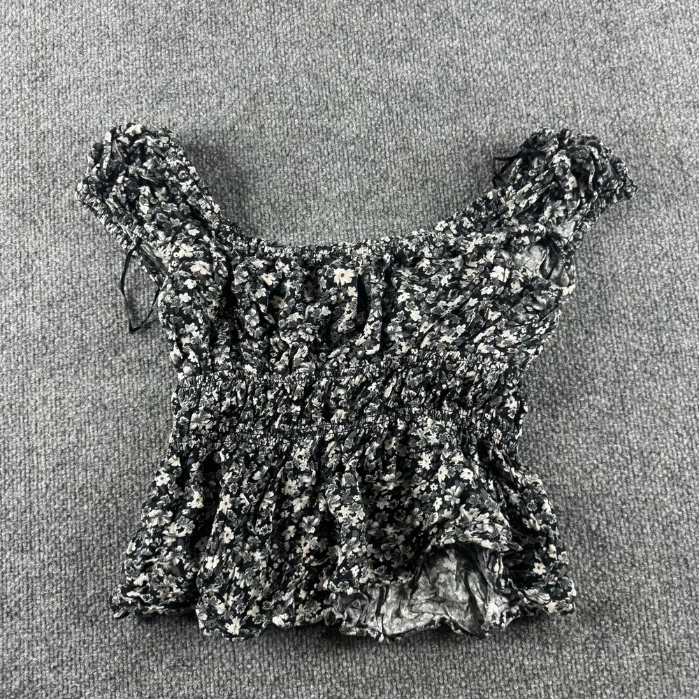 Old Navy Blouse Womens M Black Floral Scoop Neck Short Puff Sleeve Cropped